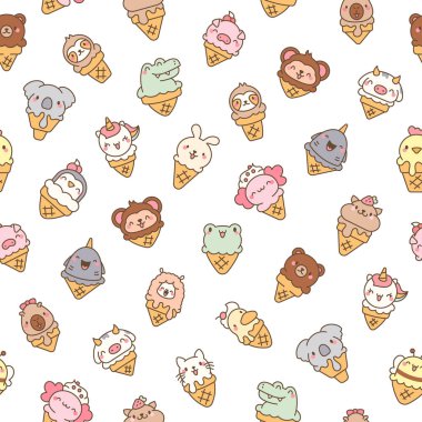 Dondurmalı tatlı hayvanlar waffle külahında. Kusursuz desen. Çizgi film komik yemek tatlısı. El çizimi stili. Vektör çizimi. Tasarım süslemeleri.