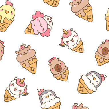 Dondurmalı tatlı hayvanlar waffle külahında. Kusursuz desen. Çizgi film komik yemek tatlısı. El çizimi stili. Vektör çizimi. Tasarım süslemeleri.