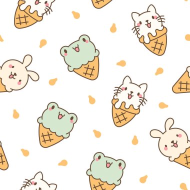 Dondurmalı tatlı hayvanlar waffle külahında. Kusursuz desen. Çizgi film komik yemek tatlısı. El çizimi stili. Vektör çizimi. Tasarım süslemeleri.