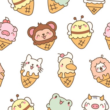 Dondurmalı tatlı hayvanlar waffle külahında. Kusursuz desen. Çizgi film komik yemek tatlısı. El çizimi stili. Vektör çizimi. Tasarım süslemeleri.