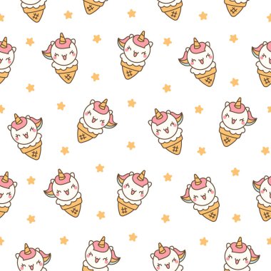 Dondurmalı tatlı hayvanlar waffle külahında. Kusursuz desen. Çizgi film komik yemek tatlısı. El çizimi stili. Vektör çizimi. Tasarım süslemeleri.