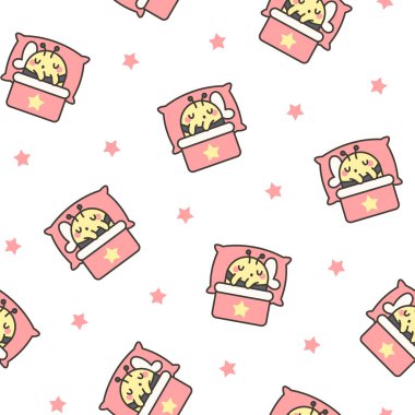 Yatakta uyuyan sevimli hayvanlar. Kusursuz desen. Gece rüyası. Çizgi film karakterleri. El çizimi stili. Vektör çizimi. Tasarım süslemeleri.