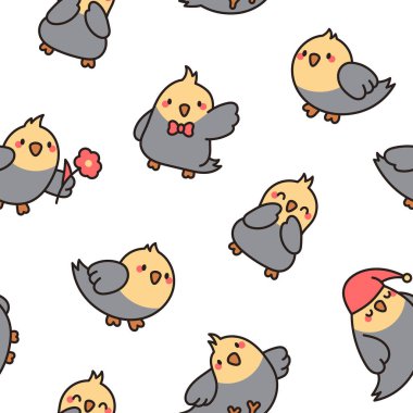 Sevimli çizgi film evcil kuşları. Kusursuz desen. Sevimli kawaii papağanları. Cockatiel, muhabbet kuşu. El çizimi stili. Vektör çizimi. Tasarım süslemeleri.