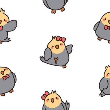 Sevimli çizgi film evcil kuşları. Kusursuz desen. Sevimli kawaii papağanları. Cockatiel, muhabbet kuşu. El çizimi stili. Vektör çizimi. Tasarım süslemeleri.