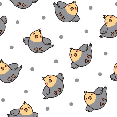 Sevimli çizgi film evcil kuşları. Kusursuz desen. Sevimli kawaii papağanları. Cockatiel, muhabbet kuşu. El çizimi stili. Vektör çizimi. Tasarım süslemeleri.