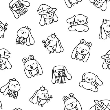 Şirin kawaii tavşanı. Kusursuz desen. Boyama sayfası. Çizgi film küçük tavşan karakterleri. El çizimi stili. Vektör çizimi. Tasarım süslemeleri.