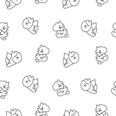 Şirin kawaii küçük ateşi. Kusursuz desen. Boyama sayfası. Çizgi film karakterleri. El çizimi stili. Vektör çizimi. Tasarım süslemeleri.