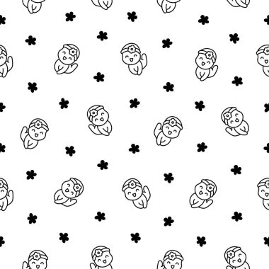 Sevimli bir kız bebek. Kusursuz desen. Boyama sayfası. Çizgi film karakteri. El stili. Vektör çizimi. Tasarım süslemeleri.