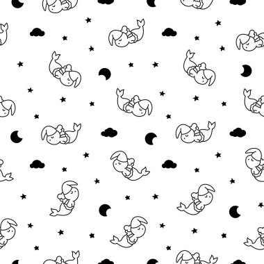 Şirin kawaii axolotl deniz kızı. Kusursuz desen. Boyama sayfası. Çizgi film fantezi hayvan karakterleri. El çizimi stili. Vektör çizimi. Tasarım süslemeleri.