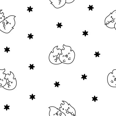 Şirin kawaii küçük ateşi. Kusursuz desen. Boyama sayfası. Çizgi film karakterleri. El çizimi stili. Vektör çizimi. Tasarım süslemeleri.