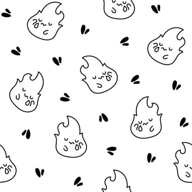 Şirin kawaii küçük ateşi. Kusursuz desen. Boyama sayfası. Çizgi film karakterleri. El çizimi stili. Vektör çizimi. Tasarım süslemeleri.