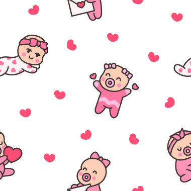 Sevimli bir kız bebek. Kusursuz desen. Çizgi film karakteri. El stili. Vektör çizimi. Tasarım süslemeleri.