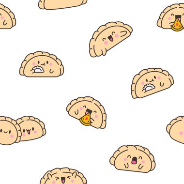 Tatlı kawaii hamur tatlısı. Kusursuz desen. Çizgi film Çin yemek karakterleri. El çizimi stili. Vektör çizimi. Tasarım süslemeleri.