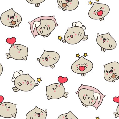 Farklı yüz ifadeleri olan tatlı hamur köftesi karakterleri. Kusursuz desen. Çin yemeği. El çizimi stili. Vektör çizimi. Tasarım süslemeleri.