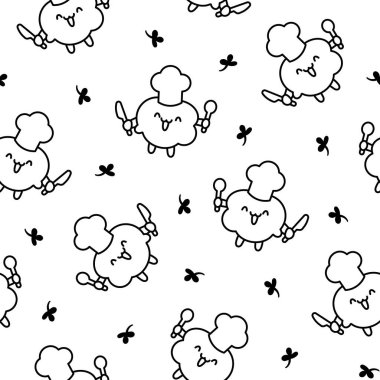 Farklı pozlarda tatlı patlamış mısır karakteri. Kusursuz desen. Boyama sayfası. Komik çizgi film yemekleri. El çizimi stili. Vektör çizimi. Tasarım süslemeleri.