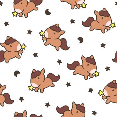 Şirin kawaii midillisi. Kusursuz desen. Çizgi film komik bebek at karakterleri. El çizimi stili. Vektör çizimi. Tasarım süslemeleri.