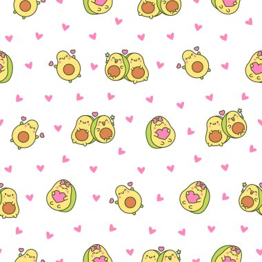 Kawaii komik yüzlü sevimli avokado. Kusursuz desen. Çizgi film mutlu yemek karakterleri. El çizimi stili. Vektör çizimi. Tasarım süslemeleri.