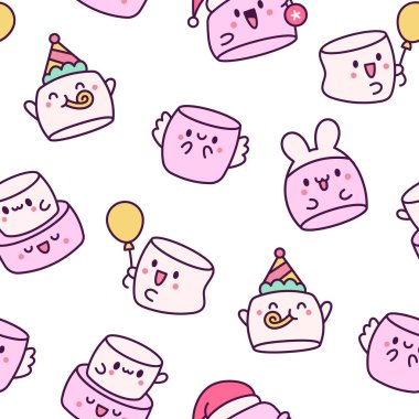 Kawaii marshmallow sevimli yüz karakteri. Kusursuz desen. Çizgi film mutlu yiyecekler. El çizimi stili. Vektör çizimi. Tasarım süslemeleri.