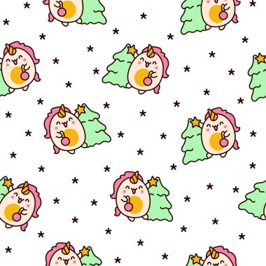 Şirin kawaii tek boynuzlu atı. Kusursuz desen. Peri masalı mutlu midilli karakterleri. El çizimi stili. Vektör çizimi. Tasarım süslemeleri.