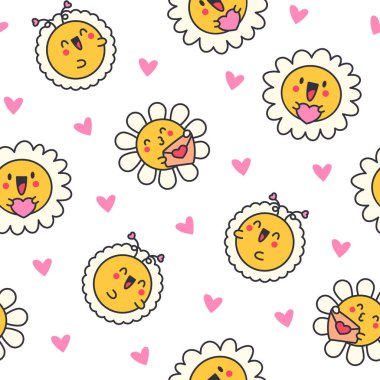 Şirin kawaii papatya çayı. Kusursuz desen. Gülen suratlı mutlu çiçek karakteri. El çizimi stili. Vektör çizimi. Tasarım süslemeleri.