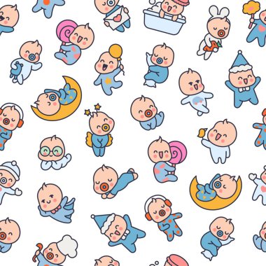 Sevimli erkek bebek. Kusursuz desen. Çizgi film karakteri. El çizimi stili. Vektör çizimi. Tasarım süslemeleri.
