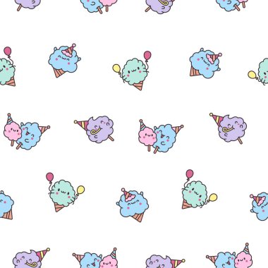 Gülümseyen sevimli kawaii pamuk şeker. Kusursuz desen. Tatlı şeker çizgi film karakteri. El çizimi stili. Vektör çizimi. Tasarım süslemeleri.