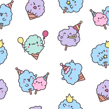 Gülümseyen sevimli kawaii pamuk şeker. Kusursuz desen. Tatlı şeker çizgi film karakteri. El çizimi stili. Vektör çizimi. Tasarım süslemeleri.