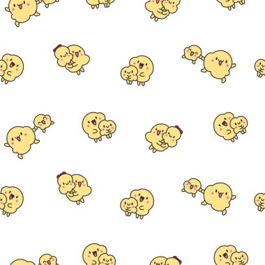 Farklı pozlarda tatlı patlamış mısır karakteri. Kusursuz desen. Komik çizgi film yemekleri. El çizimi stili. Vektör çizimi. Tasarım süslemeleri.