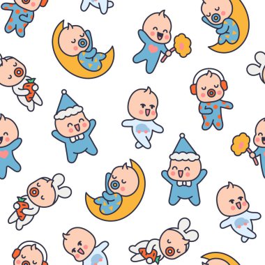 Sevimli erkek bebek. Kusursuz desen. Çizgi film karakteri. El çizimi stili. Vektör çizimi. Tasarım süslemeleri.