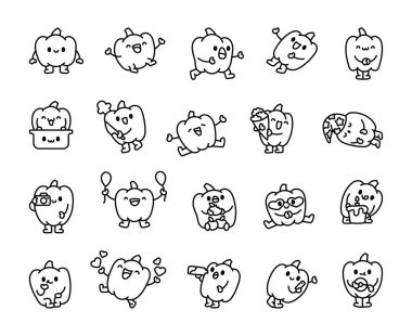 Çan biberi karakteri. Boyama sayfası. Komik çizgi film yemekleri. El çizimi stili. Vektör çizimi. Tasarım elementlerinin koleksiyonu.