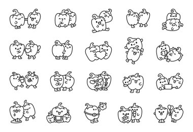 Birkaç biberli arkadaş. Boyama sayfası. Tatlı çizgi film sebzeleri. El çizimi stili. Vektör çizimi. Tasarım elementlerinin koleksiyonu.