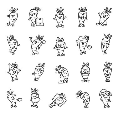 Neşeli havuç karakteri. Boyama sayfası. Tatlı sebze çizgi filmi. El çizimi stili. Vektör çizimi. Tasarım elementlerinin koleksiyonu.