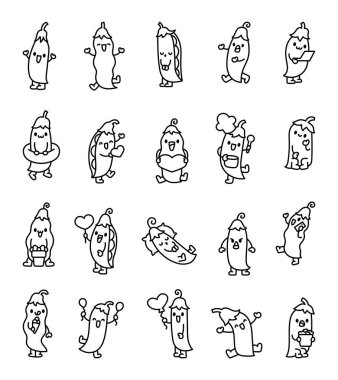 Komik suratlı şirin bir bezelye kabuğu. Boyama sayfası. Sevimli sebze çizgi filmi. El stili. Vektör çizimi. Tasarım elementlerinin koleksiyonu.