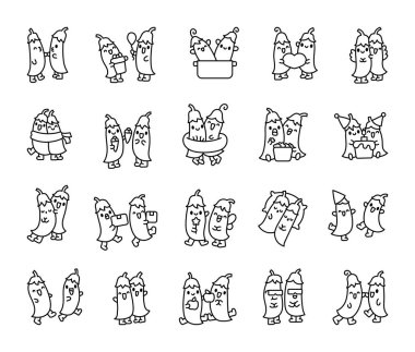 Tatlı yüzlü komik bezelye çiftleri. Boyama sayfası. Sevimli sebze çizgi karakterleri. El stili. Vektör çizimi. Tasarım elementlerinin koleksiyonu.