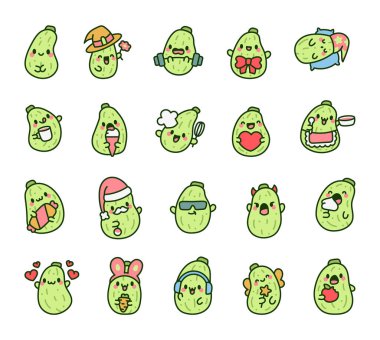 Şirin kawaii kabağı. Sevimli çizgi film yemek karakteri. El çizimi stili. Vektör çizimi. Tasarım elementlerinin koleksiyonu.