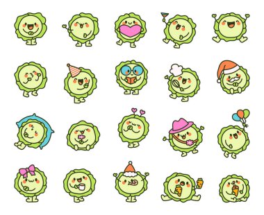 Tatlı lahana karakteri. Komik çizgi film yemekleri. El çizimi stili. Vektör çizimi. Tasarım elementlerinin koleksiyonu.