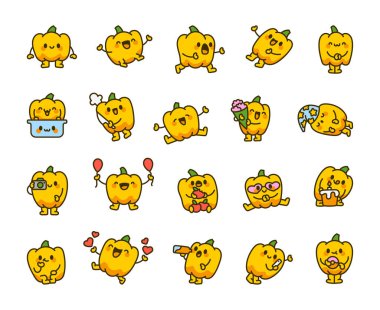 Çan biberi karakteri. Komik çizgi film yemekleri. El çizimi stili. Vektör çizimi. Tasarım elementlerinin koleksiyonu.