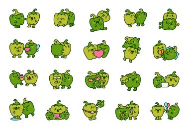 Birkaç biberli arkadaş. Tatlı çizgi film sebzeleri. El çizimi stili. Vektör çizimi. Tasarım elementlerinin koleksiyonu.