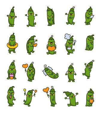 Komik suratlı şirin bir bezelye kabuğu. Sevimli sebze çizgi filmi. El stili. Vektör çizimi. Tasarım elementlerinin koleksiyonu.