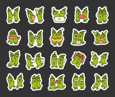 Tatlı yüzlü komik bezelye çiftleri. Etiket Yer İmi. Sevimli sebze çizgi karakterleri. El stili. Vektör çizimi. Tasarım elementlerinin koleksiyonu.