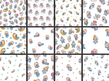 Sevimli erkek bebek. Kusursuz desen. Çizgi film karakteri. El çizimi stili. Vektör çizimi. Tasarım süslemeleri koleksiyonu.