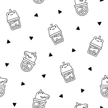 Hayvan yüzlü kibrit köpüğü çayı. Kusursuz desen. Boyama sayfası. Boba içeceği. El stili. Vektör çizimi. Tasarım süslemeleri.