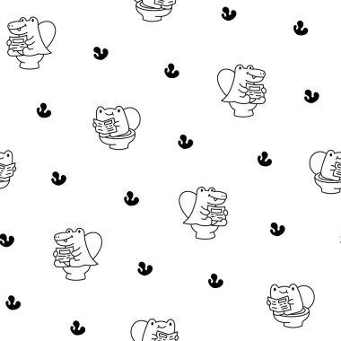 Tuvalette kakasını yapan ve gazete okuyan sevimli bir hayvan. Kusursuz desen. Boyama sayfası. Komik çizgi film karakterleri. El çizimi stili. Vektör çizimi. Tasarım süslemeleri.