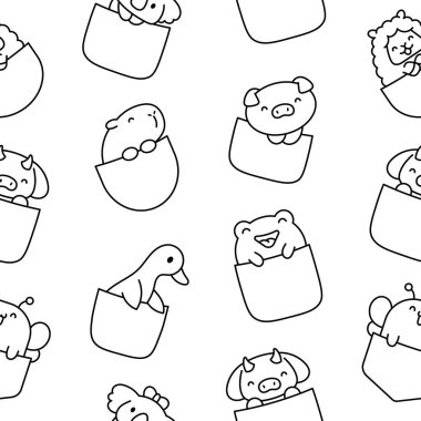 Cebinde sevimli hayvanlar var. Kusursuz desen. Boyama sayfası. Çizgi film karakterleri. El çizimi stili. Vektör çizimi. Tasarım süslemeleri.