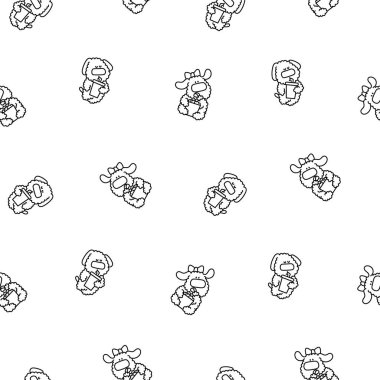 Şirin kawaii köpeği. Kusursuz desen. Boyama sayfası. Oyuncak kaniş. Çizgi film komik yavru köpek karakteri. El çizimi stili. Vektör çizimi. Tasarım süslemeleri.