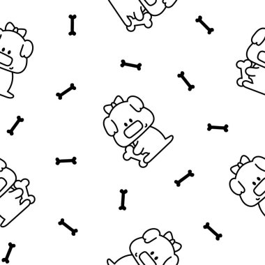 Şirin köpekler ve yavru köpekler. Kusursuz desen. Boyama sayfası. Çizgi filmdeki evcil hayvanlar. El çizimi stili. Vektör çizimi. Tasarım süslemeleri.