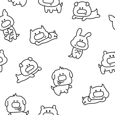 Şirin köpekler ve yavru köpekler. Kusursuz desen. Boyama sayfası. Çizgi filmdeki evcil hayvanlar. El çizimi stili. Vektör çizimi. Tasarım süslemeleri.