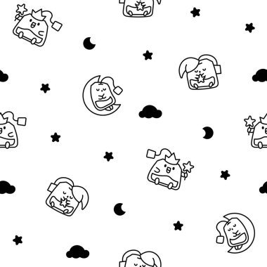 Farklı duyguları olan komik bir çay poşeti. Kusursuz desen. Boyama sayfası. Çizgi film karakteri. El çizimi stili. Vektör çizimi. Tasarım süslemeleri.