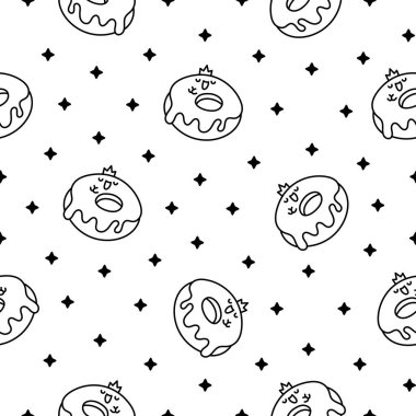 Tatlı çizgi film kawaii çöreği. Kusursuz desen. Boyama sayfası. Tatlı çörek karakterleri. El çizimi stili. Vektör çizimi. Tasarım süslemeleri.