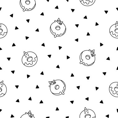 Tatlı çizgi film kawaii çöreği. Kusursuz desen. Boyama sayfası. Tatlı çörek karakterleri. El çizimi stili. Vektör çizimi. Tasarım süslemeleri.